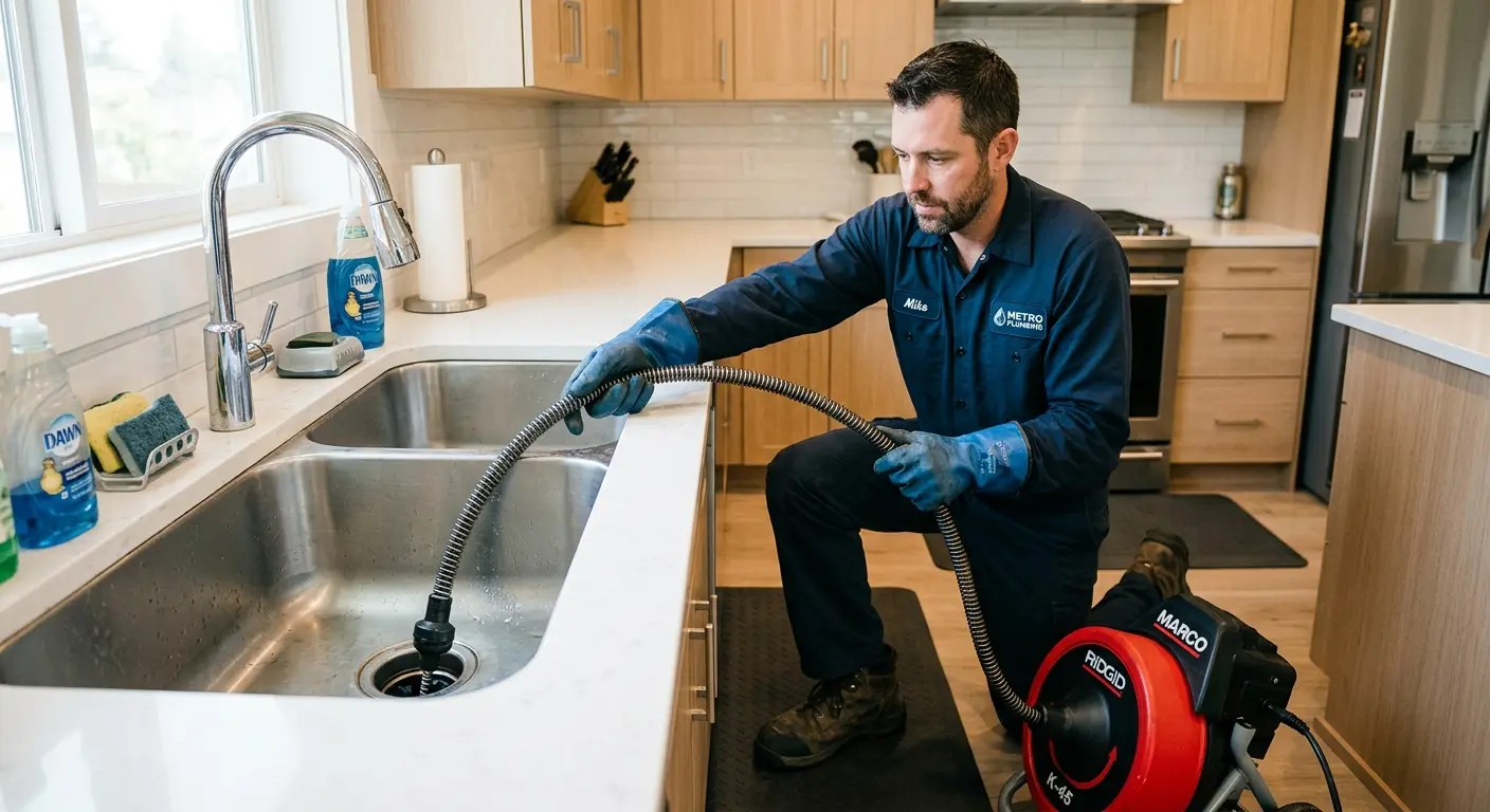 Drain cleaning technician using a motorized snake on a kitchen sink in North Stonington
