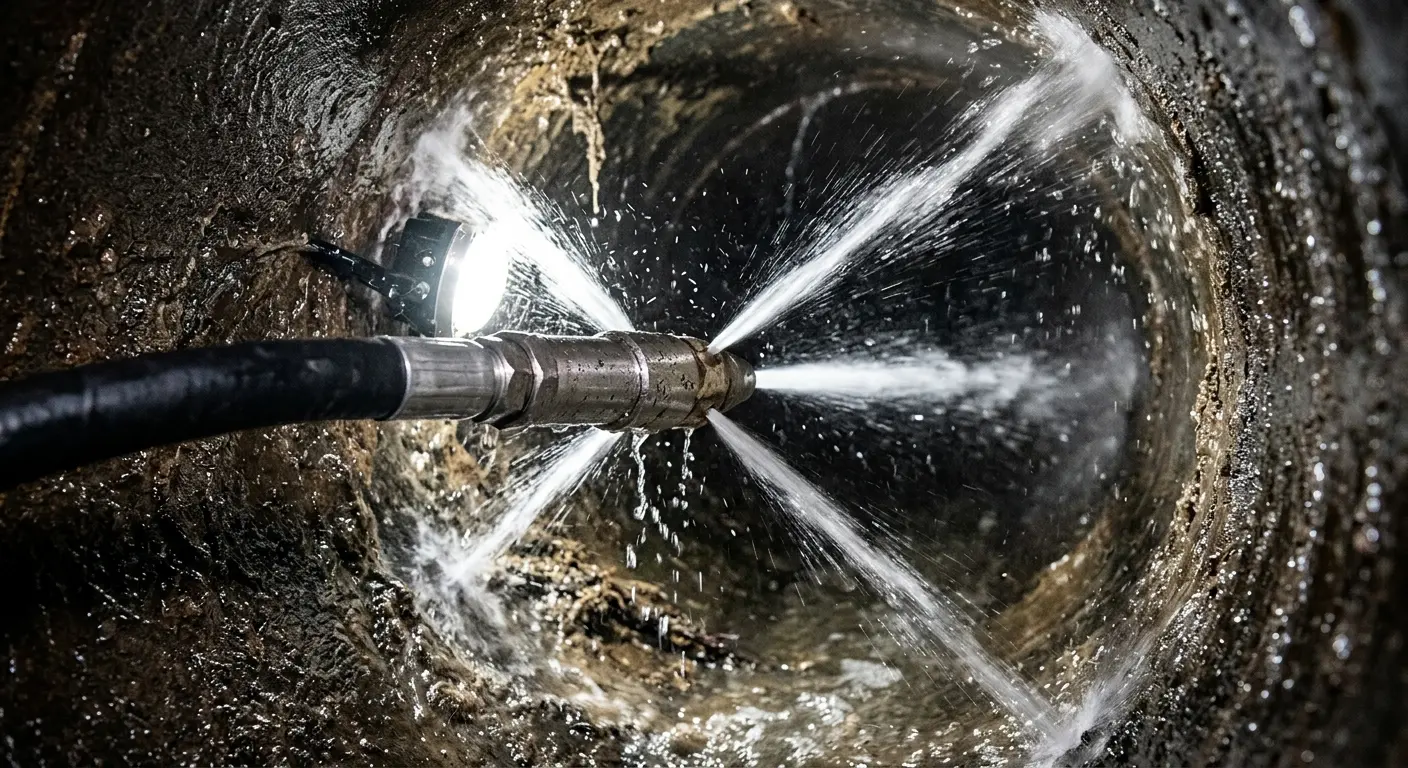 High-pressure hydro jetting nozzle cleaning sewer pipe for Sewer Cleanout in North Stonington
