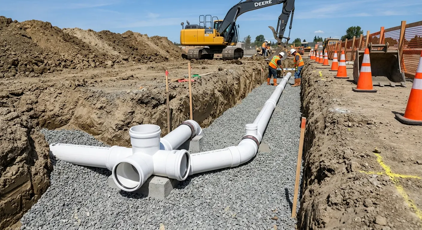 New PVC sewer pipe installation in open trench for Commercial Drain Cleaning in North Stonington