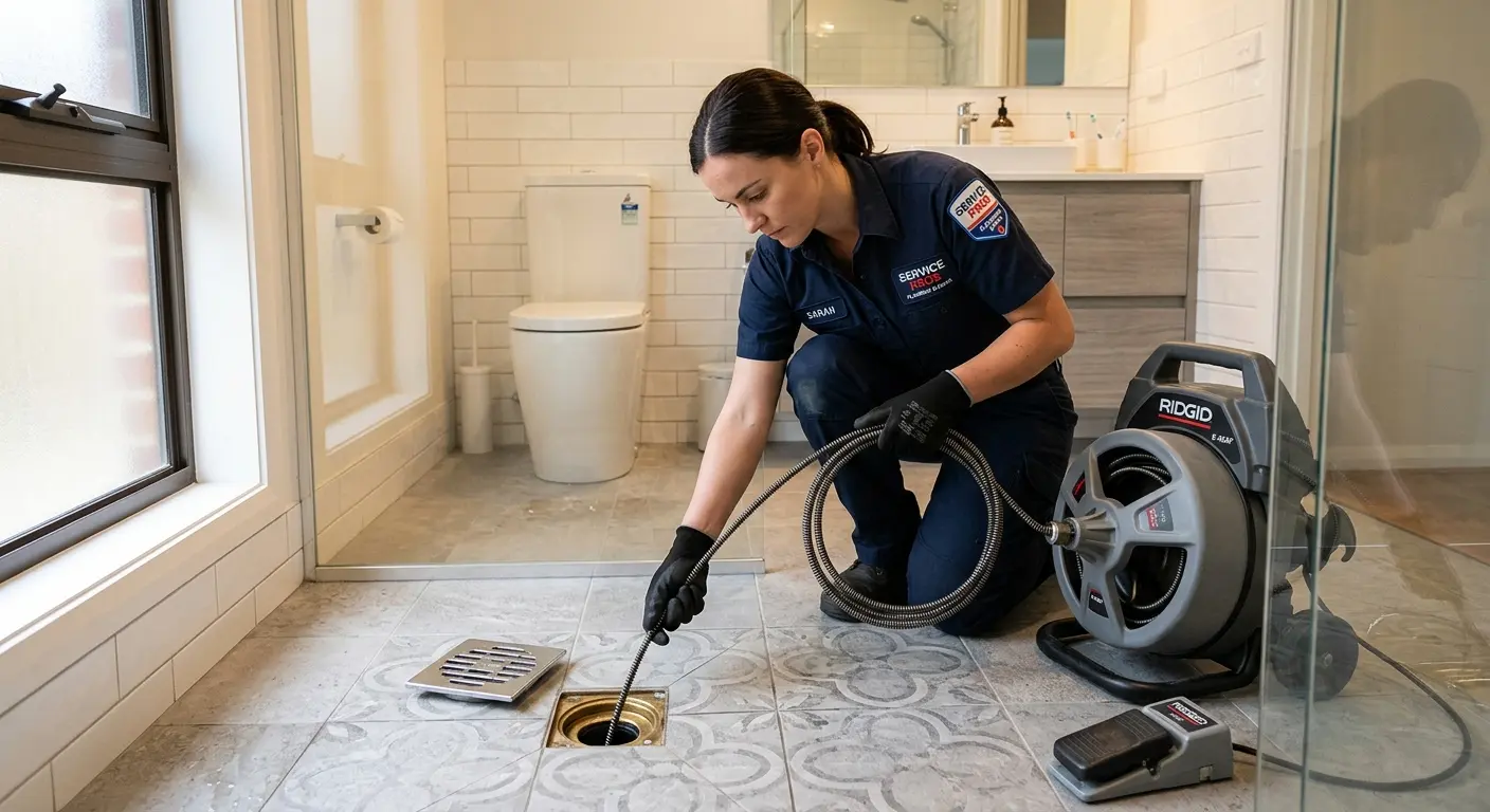 Technician clearing a bathroom floor drain for Sewer Line Installation in North Stonington